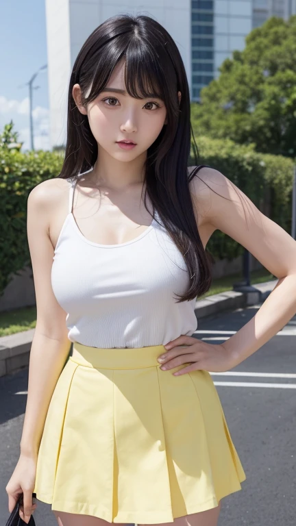 8K、Detailed Description、Very high definition、Realistic、reality的、Real、live-action、reality、High resolution、Nogizaka46、japanese idol,beautiful girl、21 years old、White tank top, knee-high angle、Mouth closed、Lacrosse court、sunny、Strong winds、Straight Long Hair、Headband、Very black hair、Pastel yellow flared mini skirt、Her skirt is flipped up、Hair blowing in the wind、pretty girl、Beauty、Large Breasts、Glowing Skin、Glowing Skin、Shiny Hair、Very white skin、Heavy makeup、Embarrassed、Shyly、Slit eyes、Big Eyes、Double eyelids、Don&#39;t show your teeth、Cross your arms behind your hips、clear、Looking up、Peeking at this from below