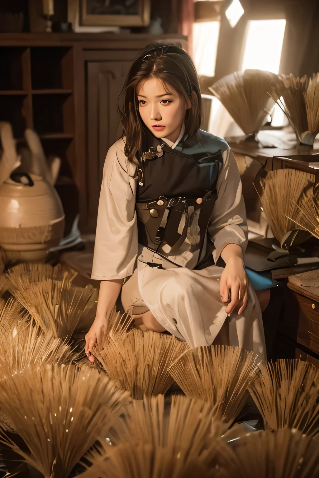 (ultra high definition, high quality,8k, masterpiece: 1.3), korean girl, female warrior, ponytail, Joseon warrior's clothes, Armor, torn clothes, pale skin, 20 years old, (cut with a knife), (large amount of blood: 1.6), numerous wounds, holding a knife, lying in a mountain valley, lying bleeding, tired face, body half submerged in water, blood stains, loose eyes,wear combat uniform, holding a knife