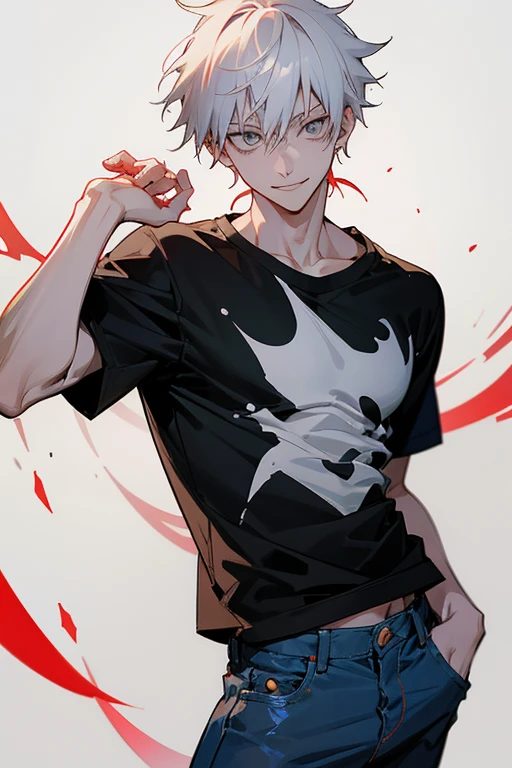 Young man, manga style, jujutsu kaisen style, look a lot like Satoru Gojo, skinny, white hair, grey eyes, smiling, seems to be cunning, has a visible cut on his right eyebrow, pale skin, is wearing a t-shirt and a jean
