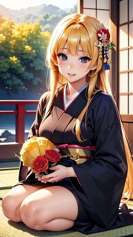 A girl is posing for a photo, cute女の子, Enchanting girl, Anime Girls, 
(((One Girl, Baby Face, cute, 16 years old))), 

((Large floral hair ornament)), (Black kimono with camellia flower pattern),  
BREAK 

(Beautiful Hair, Shiny Hair), Blonde、((Princess style)), Very long hair、Straight Hair, 
(Expression of fine eyes, Beautiful and delicate eyes, Sparkling eyes, Eye Reflexes, black eye, Slanted Eyes), 
double eyelid, Long eyelashes, 
(Beautiful Nose,Thin Nose), 
(Glossy lips, Beautiful Lips, Thick lips), 
(Symmetrical facial features, Perfect Face),
break  

(smile), 
(noon、(Japanese-style house、Veranda)), ((seiza,  Traditional Beauty of Japan,、whole body:1.4)), 
break 

(((highest quality)), ((masterpiece)), (Very detailed), (High resolution), (Beautiful sparkle), (High detail), (Anatomically correct)), ((Realistic)), 
(The best CG), Highly detailed art, CG illustration, (16k, 1080p), Oil paints, ((Line art)),

