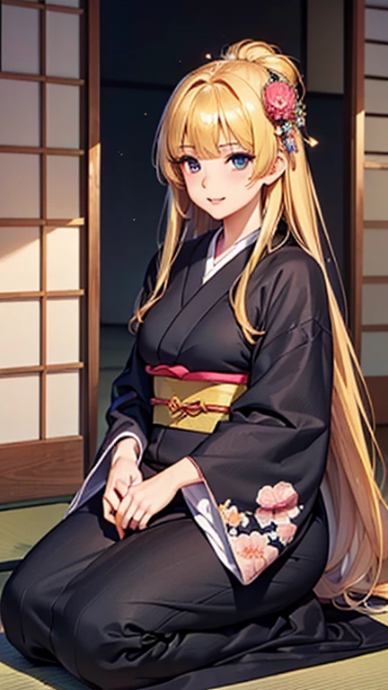 A girl is posing for a photo, cute女の子, Enchanting girl, Anime Girls, 
(((One Girl, Baby Face, cute, 16 years old))), 

((Large floral hair ornament)), (Black kimono with camellia flower pattern),  
BREAK 

(Beautiful Hair, Shiny Hair), Blonde、((Princess style)), Very long hair、Straight Hair, 
(Expression of fine eyes, Beautiful and delicate eyes, Sparkling eyes, Eye Reflexes, black eye, Slanted Eyes), 
double eyelid, Long eyelashes, 
(Beautiful Nose,Thin Nose), 
(Glossy lips, Beautiful Lips, Thick lips), 
(Symmetrical facial features, Perfect Face),
break  

(smile), 
(noon、(Japanese-style house、Veranda)), ((seiza,  Traditional Beauty of Japan,、whole body:1.4)), 
break 

(((highest quality)), ((masterpiece)), (Very detailed), (High resolution), (Beautiful sparkle), (High detail), (Anatomically correct)), ((Realistic)), 
(The best CG), Highly detailed art, CG illustration, (16k, 1080p), Oil paints, ((Line art)),

