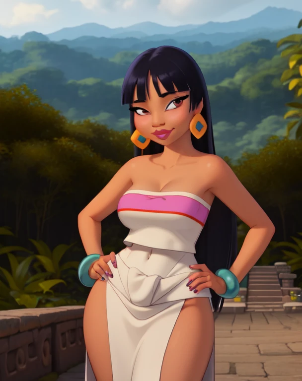 (masterpiece, best quality:1.3), 1girl, solo, chel_eldorado, black hair, long hair, blunt bangs, brown eyes, dark skin, lipstick, (Wearing: tube top, loincloth, emerald bracelet's and golden earrings:1.2), collarbone,  bare shoulders, medium breasts, cleavage, midriff, wide hips, (Background: Outdoors, view of the rainforest, Inca temples in the surroundings), detailed background, detailed face, detailed eyes, hands on hips, looking at viewer, she's looking at the camera with a flirtatious smile