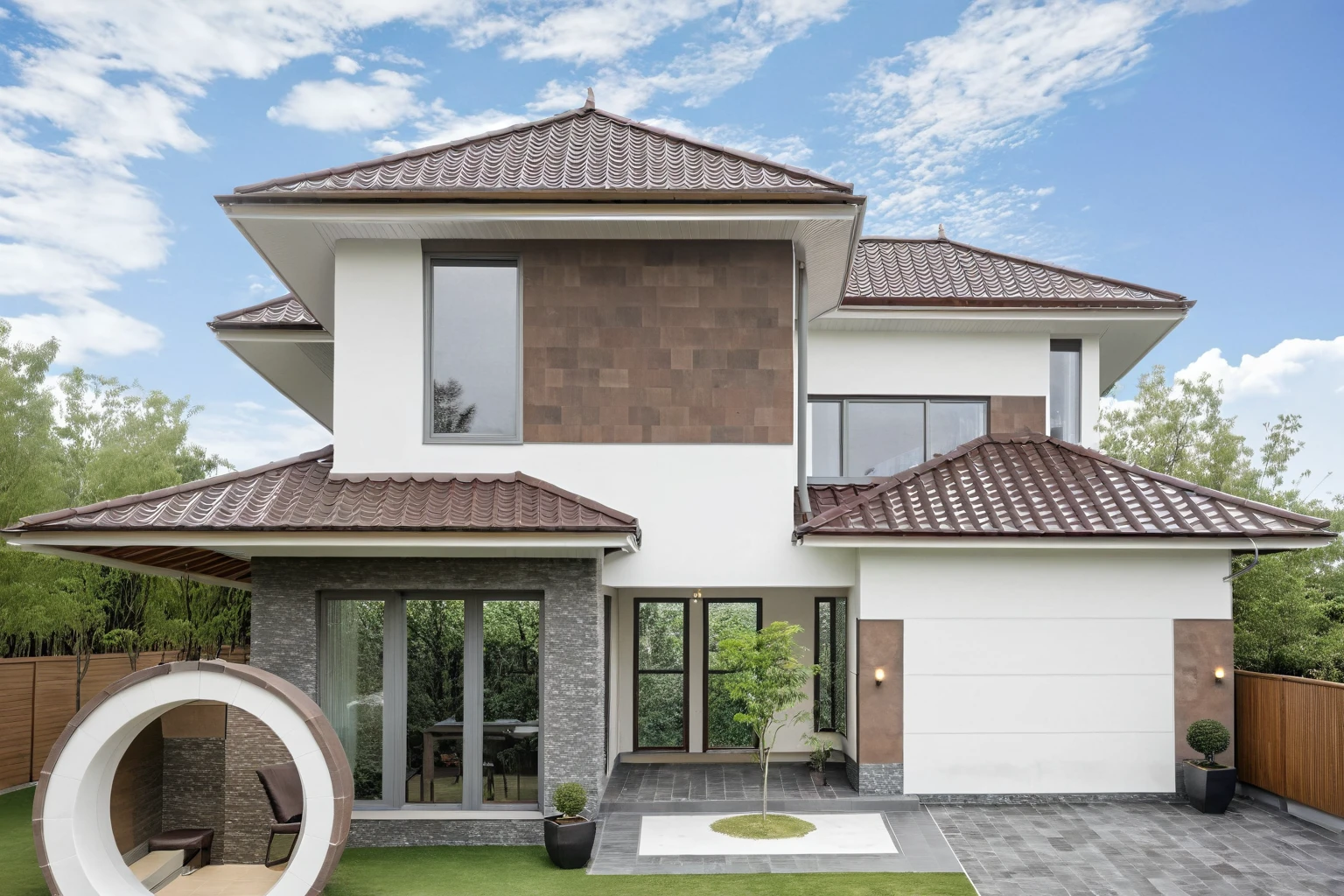 Raw photo,Masterpiece, high quality, best quality, authentic, super detail, exterior, outdoors, house style modern on the street,pavement, grass, trees, sky, cloud, (day:1.1), ((MIX WHITE AND Chocolate style color : 1.3)); (((CHOCOLATE COLOR STYLE ROOF TILES : 1.7))) , japanese roof style