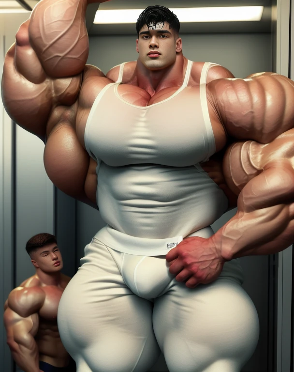 1 asian boy, handsome, giant, buzz black haircut, model shoot style, looking at camera, standing, action pose, leaning on the wall, locker room, strong body, bulk, armpit, naked, wear white swimwear underpants, bulge, big, brutalmass, giant, muscular body, bulk, massive body, large meaty body size, brown veiny skin, big arms, ballooning meaty pecs, big butt. Sweaty, wet, UHD, Realistic, intricate detail