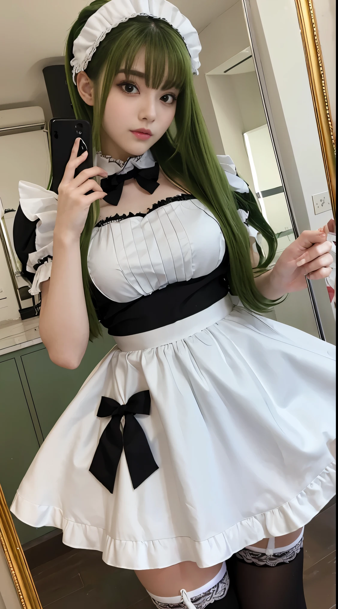 super high quality　masterpiece　8K Ultra-detailed Face　Selfie　Green haired beauty　highest quality　masterpiece　8K Ultra-detailed Face　Shoulder-length hair　Black and white maid outfit　White frilly apron　Maid clothes　Cosplay　Thighs　Selfie　Mirror photo　Reflected in the mirror　Knee-high socks　garter belt