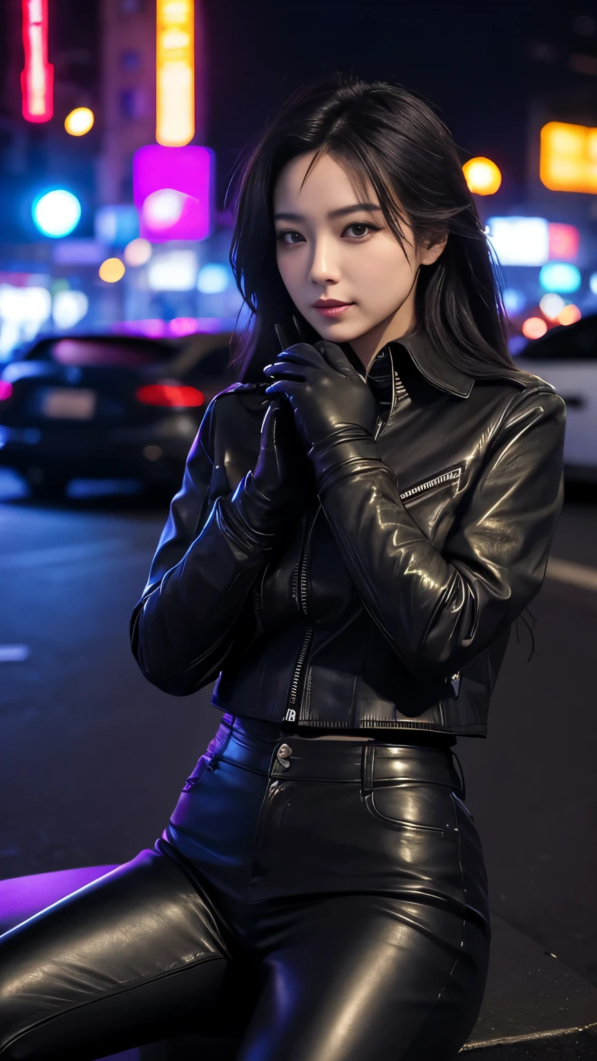 black leather rider jacket, Office in the Dark, Black leather gloved fingertips on both hands,Wearing black leather gloves,Sitting in a black leather chair、 Japanese female new recruits (Black leather gloves cover both hands) (The angle is horizontal)、Black Leather Pants,Black Leather Black Leather Pants,Black Leather Skinny Pants、Long black leather boots on both feet、Black Hair ((He wears black leather gloves on his hands))Full Body Photo,full body shot full body full body leather suit,☺If you turn in this direction。Wearing black leather gloves,Wearing black leather gloves,Wearing black leather gloves,Wearing black leather gloves,Wearing black leather gloves,Wearing black leather gloves,黒のレザーパンツが美しい😍黒のレザーパンツが美しい😍黒のレザーパンツが美しい,😍Smiling while looking at me,City lights、((Neon Cyberpunk City Street:1.3))、(Neon Light)、Detailed lighting、

Best image quality、Ultra-high resolution、(realism:1.4)、Korean Beauty Star、The most beautiful KPOP stars、face、Horny Korean Makeup、A body that makes you want to touch it、Realistic leather texture、Costume made of smooth leather fabric、The drape of the curved parts of the leather fabric、The costume is very shiny、Quality of the costume、8K Photo Quality