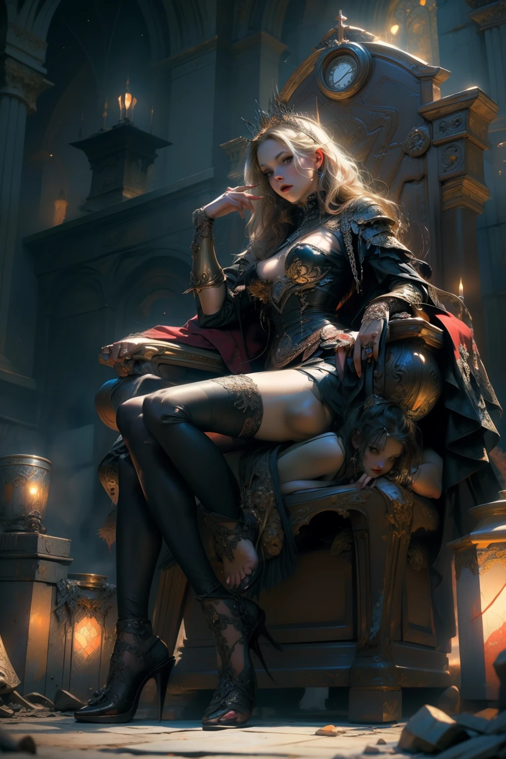 ((best quality)), ((masterpiece)), (detailed), an empty vacant throne, grand in scale and intricacy, blurring the lines between throne and shrine, occult aesthetic, occult, detailed and intricate steampunk and detailed gothic, NSFW, Very dramatic and cinematic lighting, cosmic horror, grim dark, Red and white with a sense of technology, side-lighting, perfect face, a beaituful goddess valkyrie enshrined in armour, grand in scale and intricacy, Bloodborne inspired valkyrie, occult aesthetic, occult, detailed and intricate steampunk and detailed gothic, Very dramatic and cinematic lighting, cosmic horror, grim dark, Red and white with a sense of technology, side-lighting, NSFW, Depicting female characters from ethereal anime in a high-quality anime art style, gothic ta, beautiful small breasts, full body, whole body, body