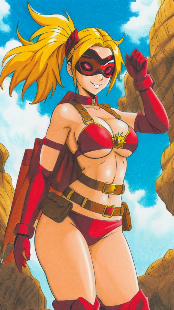 highest quality, (animation illustration), (red  bikini, elbow gloves, boots, heroes belt, eye mask), (yellow hair), looking at the viewer with a smile, I got the crown, (Floating in the air),
Had a fireball