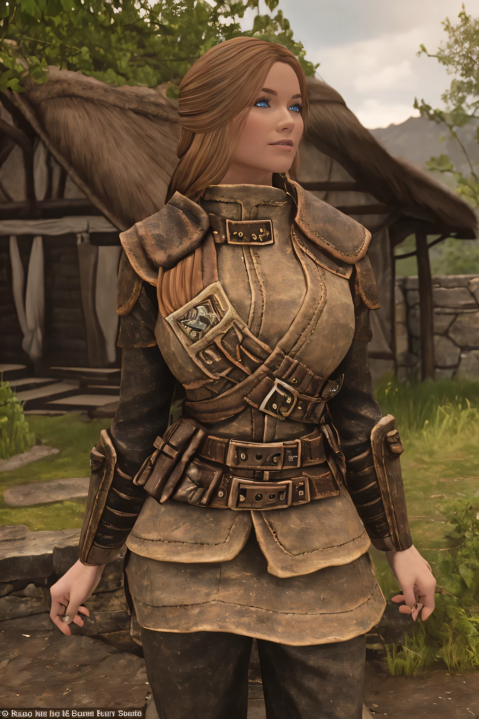 A female Breton beauty sits outdoors in a rustic Skyrim village, surrounded by thatched roofs and lush greenery. The sun casts a warm glow on her porcelain skin as she gazes directly into the camera lens, her piercing blue eyes sparkling with a hint of mischief. Her raven tresses cascade down her back like a waterfall, framing her heart-shaped face. A gentle smile plays on her lips, inviting the viewer to step into her whimsical world.