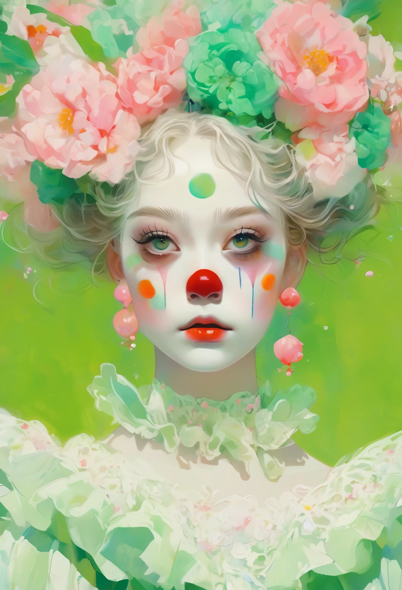 Clown makeup,Medium shot, Pastel painting of a young female, Two fluorescence angles, Startled look, black background, pale face, huge beautiful round eyes, long cilia, rococo style, fluorescent pink and green, by by Junji Ito, Inoue Takehiko, Julie Bell, realistic hyper-detail, exaggerated perspective, amazing moment, intricate illustrations, dynamic pose, uhd, 16k, Higher quality,White multi-layered lace,Exaggerated expression,Flowers