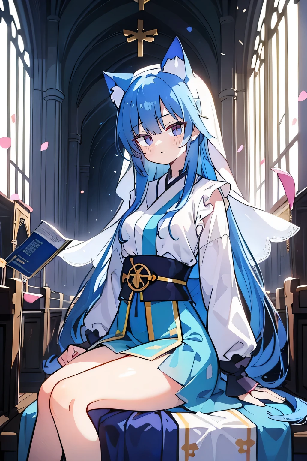 (masterpiece:1.2),Extremely detailed,Practical,expressive eyes,Fair skin,Perfect face shaping,1 Girl,
Japanese cartoons,Gorgeous blue hair, the long flowing blue hair,Floating clothes,Cat ears,Petals fall,beautiful lola,Young Angel,
Place your hands on your waist,sit elegantly on the ground,Cross your legs,Gentle and peaceful background,church,Nun&#39;s Clothes,back view,lie on the water. 