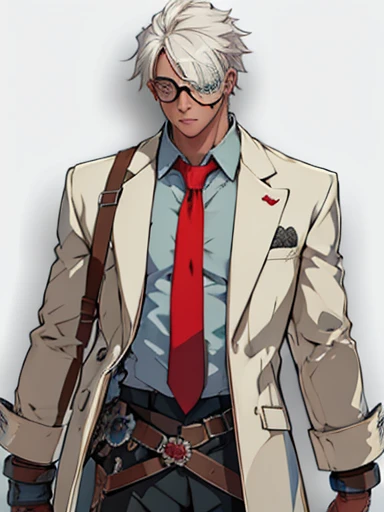 (((Best quality ,artwork ))) human Male Adolescent white Mad hair , (( Concept ART )) ,(( welllow eye)),wearing red Tie , white shirt , ((wearing Eye patch ))