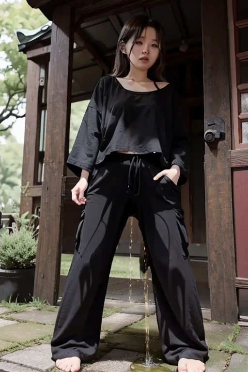 Japanese Girl sees the ghost and pees her black palazzo pants until her pants are wet in fright.