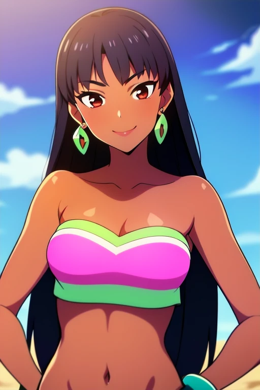 1girl,solo,loincloth,bandeau,chel \(the road to el dorado\),dark-skinned female, black hair, earrings, bracelets, long hair, 1girl, solo, upper body, facing viewer, looking at viewer, smile,