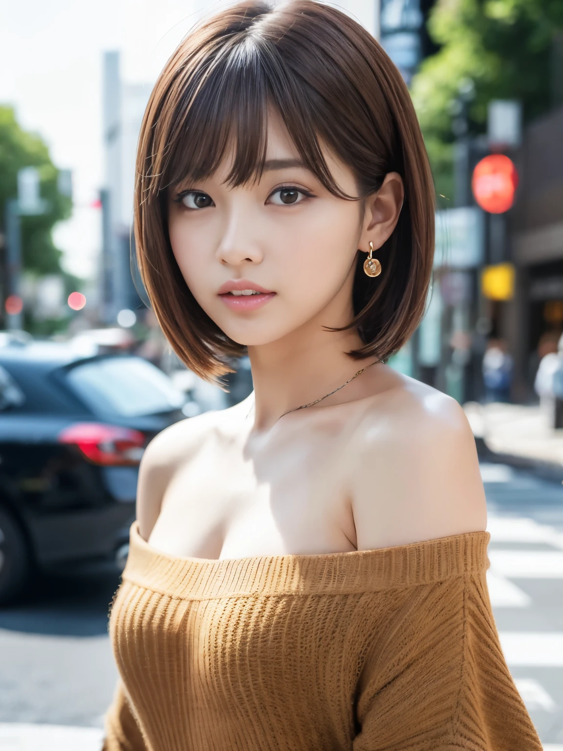 Ultra High Definition, Superior Quality, Premier Quality, ultra detailed, Photorealistic, 8k, RAW Photos, highest quality, masterpiece, Attractive girl, Stunning girl, Brown Hair, Shoulder Length Layered, asymmetrical bangs, Japanese Idol, Sophisticated, Stylish, Off-shoulder top, Shibuya, 