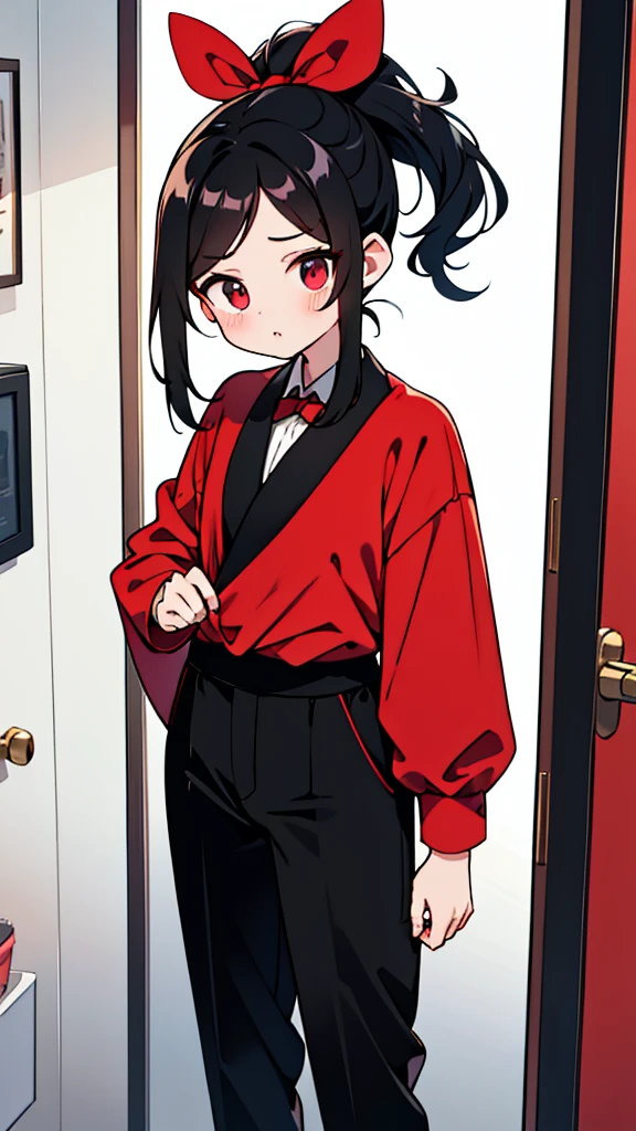 adulto, Cabello negro ondulado, mirada penetrante con ojos profundos de color rojo, estatura promedio, Silky hair with a ponytail hairstyle collected with a red bow with two white lines, tiene pechos medianos, primer plano, session, standing in the middle of his room [[[Risa malvada]]] , Sonrojada, muslos grandes, black pants, bulsa formal blanca, corbata negra 