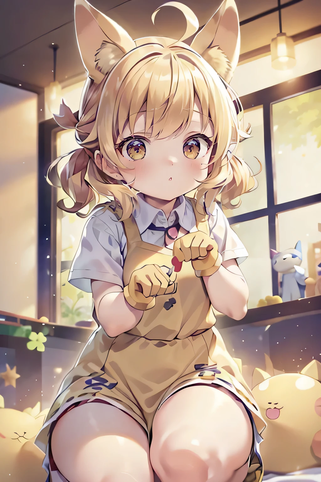 cat ear，Yellow-haired，Golden pupils，adolable，Genki，Wearing cat fist gloves