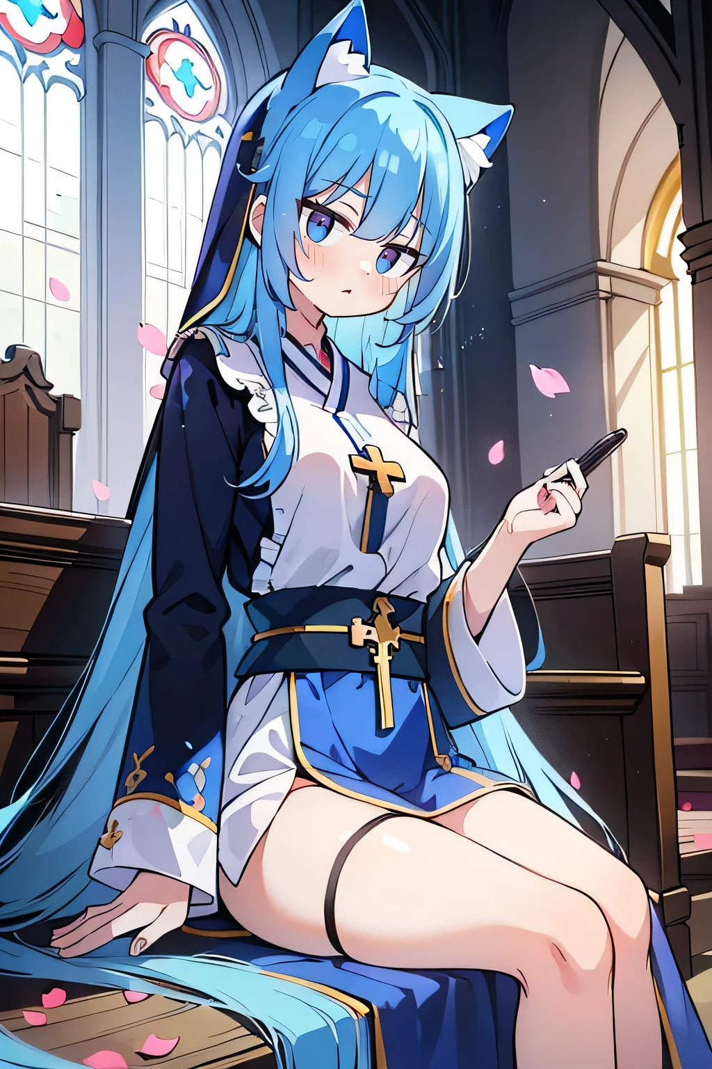 (masterpiece:1.2),Extremely detailed,Practical,expressive eyes,Fair skin,Perfect face shaping,1 Girl,
Japanese cartoons,Gorgeous blue hair, the long flowing blue hair,Floating clothes,Cat ears,Petals fall,beautiful lola,Young Angel,
Place your hands on your waist,sit elegantly on the ground,Cross your legs,Gentle and peaceful background,church,Nun's Clothes,back view,lie on the water.