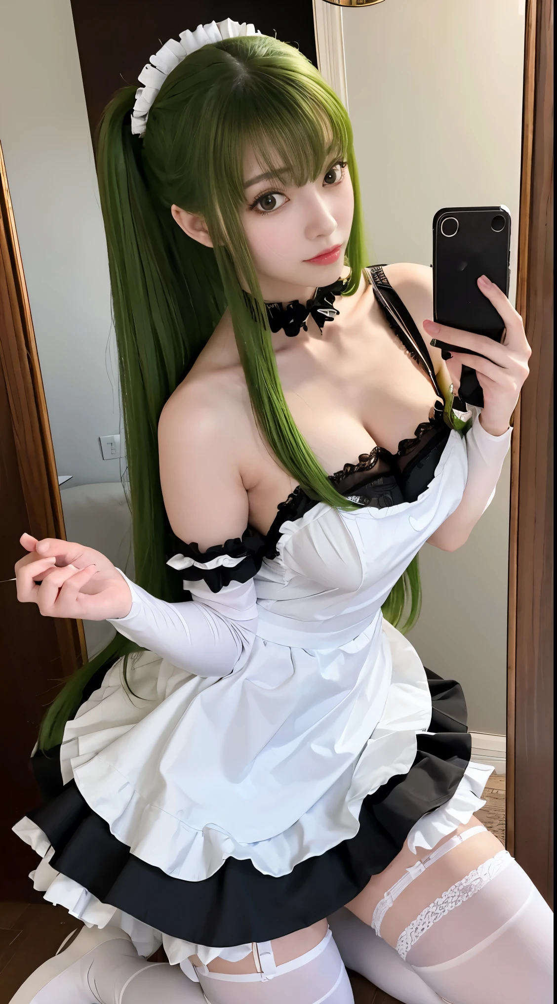 super high quality　masterpiece　8K Ultra-detailed Face　Selfie　Green haired beauty　highest quality　masterpiece　8K Ultra-detailed Face　Shoulder-length hair　Black and white maid outfit　White frilly apron　Maid clothes　Cosplay　Thighs　Selfie　Mirror photo　Reflected in the mirror　Knee-high socks　garter belt