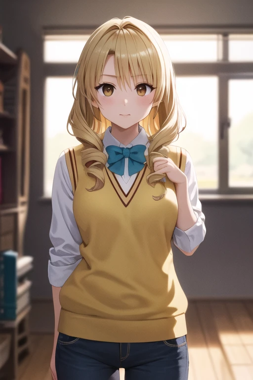 ((masterpiece, best quality, high resolution, UHD, pixel perfect, depth of field, 32k)), BREAK, 1 chica, solo, pelo largo, pelo rubio, doble bien, perforar el cabello, Brown eyes, , pajarita verde, Camisa blanca, pecho grande, pezones marcados en la camisa,  sweater vest, chaleco amarillo, mangas cortas, falda a cuadros, falda verde, manos en la cintura, aula, adentro,