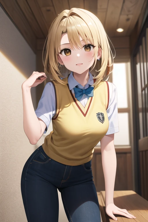 ((masterpiece, best quality, high resolution, UHD, pixel perfect, depth of field, 32k)), BREAK, 1 chica, solo, pelo largo, pelo rubio, doble bien, perforar el cabello, Brown eyes, , pajarita verde, Camisa blanca, pecho grande, pezones marcados en la camisa, sweater vest, chaleco amarillo, mangas cortas, falda a cuadros, falda verde, manos en la cintura, aula, adentro,