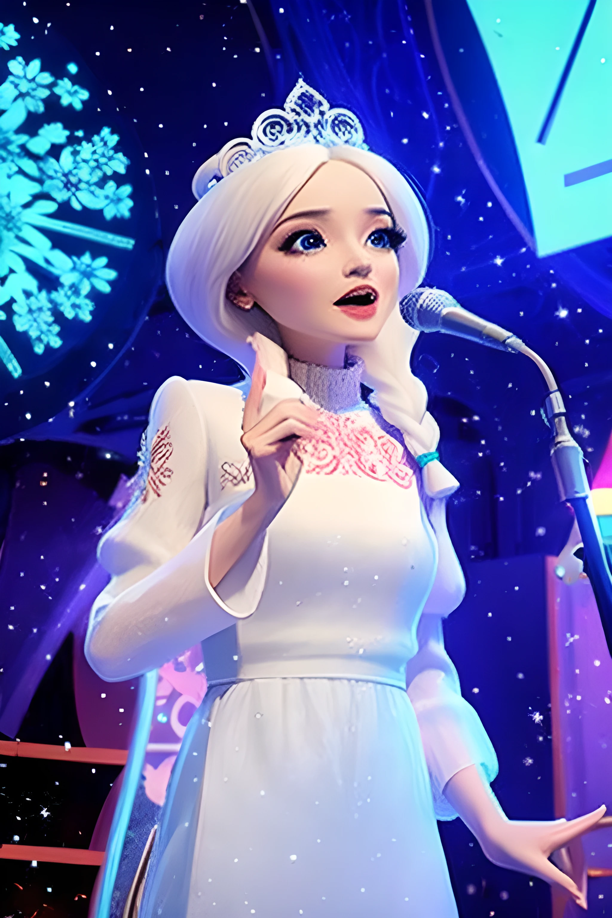 (masterpiece:1.2), (best quality:1.2), (realistic:1.2), A beautiful white-haired girl in an elegant dress sings on stage.