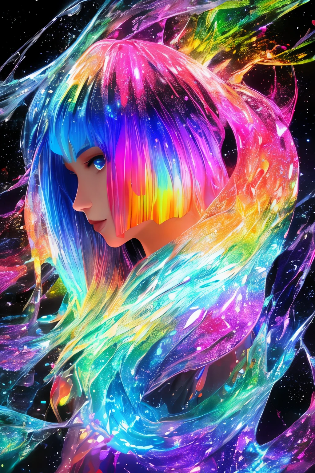 A color painting of a beautiful young woman., mysterious waves at night. 3d. rainbow colors. The melting beauty of the universe. Surrealism in reflections of nebula fragments. glass texture,Translucent,crystal,blister