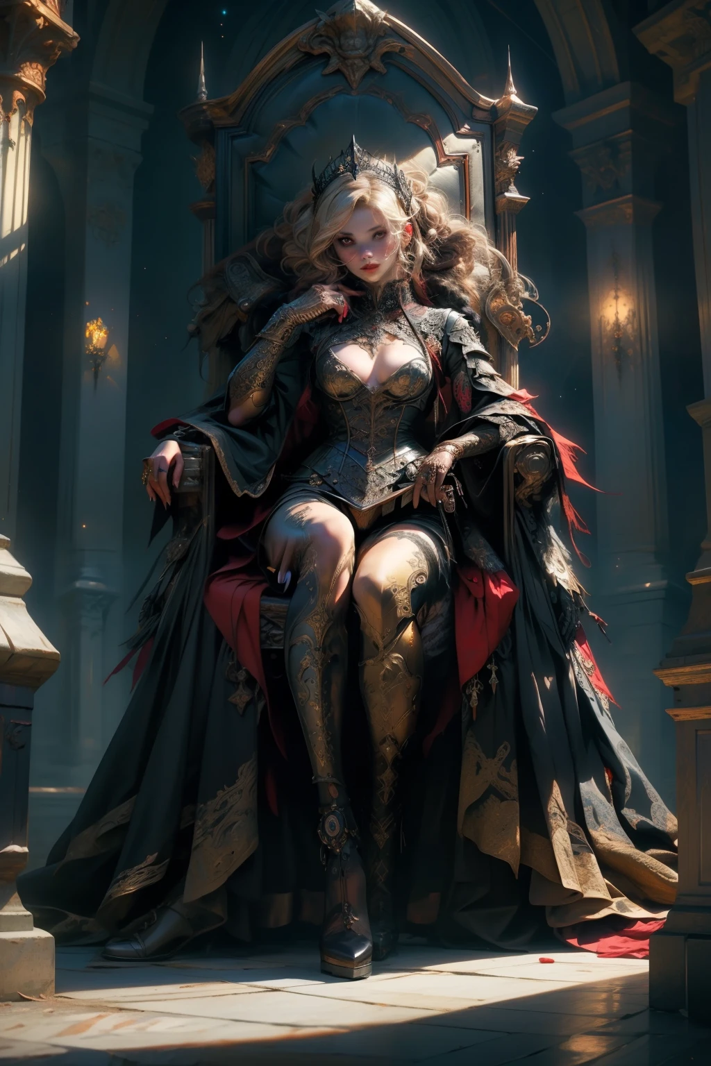 ((best quality)), ((masterpiece)), (detailed), an empty vacant throne, grand in scale and intricacy, blurring the lines between throne and shrine, occult aesthetic, occult, detailed and intricate steampunk and detailed gothic, NSFW, Very dramatic and cinematic lighting, cosmic horror, grim dark, Red and white with a sense of technology, side-lighting, perfect face, a beaituful goddess valkyrie enshrined in armour, grand in scale and intricacy, Bloodborne inspired valkyrie, occult aesthetic, occult, detailed and intricate steampunk and detailed gothic, Very dramatic and cinematic lighting, cosmic horror, grim dark, Red and white with a sense of technology, side-lighting, NSFW, Depicting female characters from ethereal anime in a high-quality anime art style, gothic ta, beautiful small breasts, full body, whole body, body