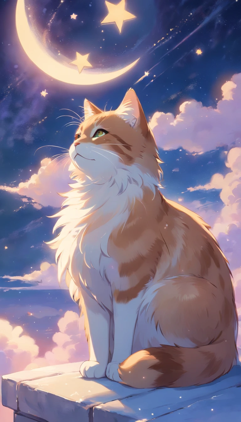 Here's the segmented English prompt for an image to accompany sleep BGM:
In a serene atmosphere, envision a small cat with a light brown and white coat peacefully lying on cloud-like, soft snow, appearing to be sleeping. The cat has its eyes closed, wearing a calm and content expression, with pink cheeks and a visible smile on its lips. The background depicts a dreamy starry sky, reminiscent of the night, with deep shades of blue and hints of purple, adorned with twinkling stars and gentle halos. Some stars are connected by elegant lines, further enhancing the tranquil ambiance of the night sky.
The overall color scheme is warm and bright, with the contrast between the cat's light brown and white fur and the cool tones of the background creating a cozy atmosphere. The painting is illuminated by natural light, with subtle edge lighting accentuating the cat and the clouds it rests on. The colors are soft and layered, evoking a dreamlike and fairy-tale atmosphere that instills a sense of peace and happiness.
Details such as the texture of the cat's fur, the fluffiness of the clouds, and the sparkle of the stars are meticulously rendered, enhancing the delicacy and charm of the painting. These elements combine to immerse the viewer in the serene beauty of the scene, evoking a feeling of relaxation and contentment.