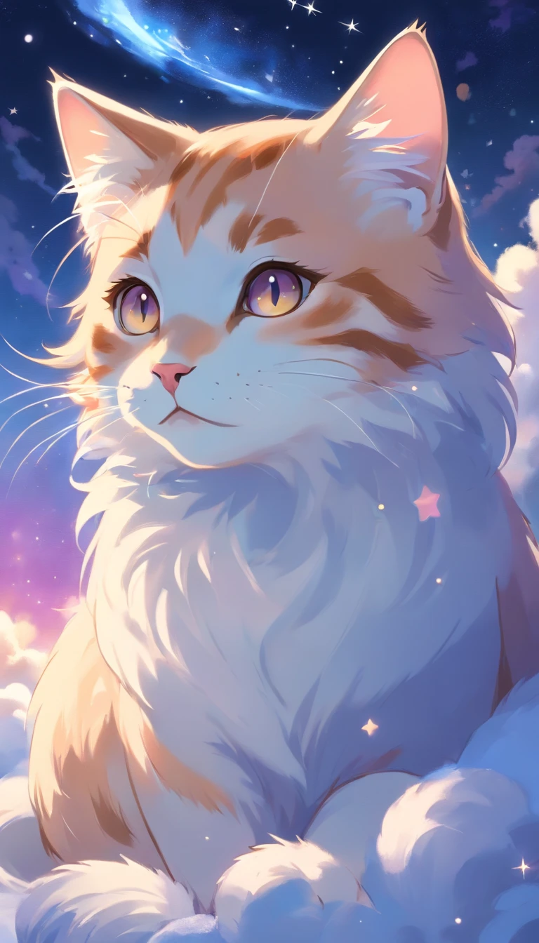 Here's the segmented English prompt for an image to accompany sleep BGM:

In a serene atmosphere, envision a small cat with a light brown and white coat peacefully lying on cloud-like, soft snow, appearing to be sleeping. The cat has its eyes closed, wearing a calm and content expression, with pink cheeks and a visible smile on its lips. The background depicts a dreamy starry sky, reminiscent of the night, with deep shades of blue and hints of purple, adorned with twinkling stars and gentle halos. Some stars are connected by elegant lines, further enhancing the tranquil ambiance of the night sky.

The overall color scheme is warm and bright, with the contrast between the cat's light brown and white fur and the cool tones of the background creating a cozy atmosphere. The painting is illuminated by natural light, with subtle edge lighting accentuating the cat and the clouds it rests on. The colors are soft and layered, evoking a dreamlike and fairy-tale atmosphere that instills a sense of peace and happiness.

Details such as the texture of the cat's fur, the fluffiness of the clouds, and the sparkle of the stars are meticulously rendered, enhancing the delicacy and charm of the painting. These elements combine to immerse the viewer in the serene beauty of the scene, evoking a feeling of relaxation and contentment.