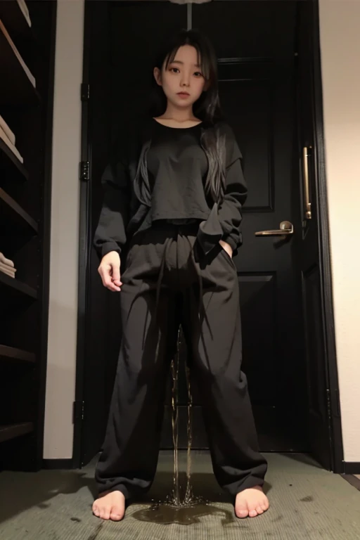Japanese Girl sees the ghost and pees her black palazzo pants until her pants are wet in fright.