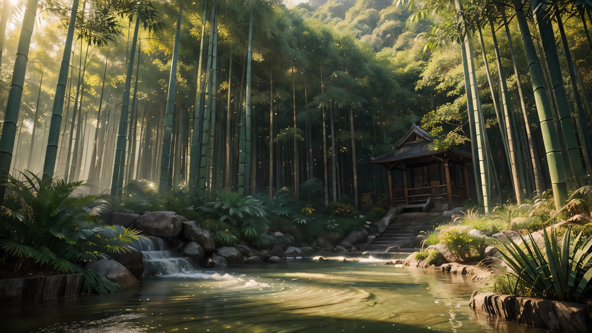 Studio Photos, 4k,Very detailed, （3D Art，3D style），（masterpiece，high quality，，Official Art，Beauty and aesthetics：1.2），（绿色bamboo材质：1.2），No humans，bamboo，bamboo forest，The background is a Chinese three-dimensional landscape painting，blue theme，Surrealism，Dreamy style 、Beige organic liquid、Ray tracing、前景bamboo遮挡、Natural light、jungle、（c4d、oc rendering）、Mountains，river，fall