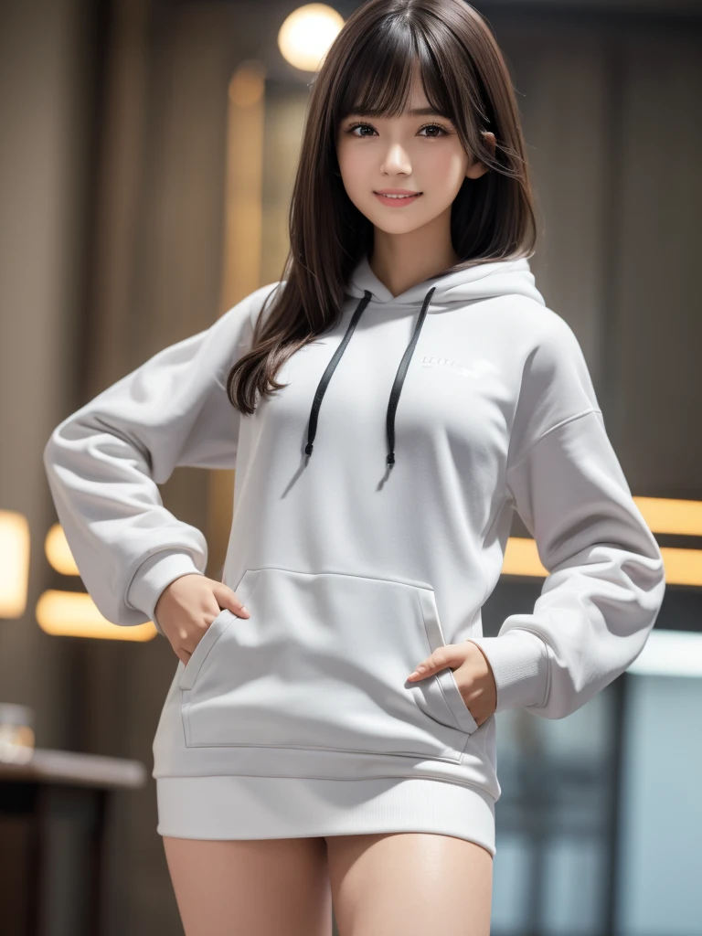 (8k, RAW Photos, highest quality, Tabletop:1.2), (Realistic, Photorealistic:1.4), (Highly detailed 8k wallpaper), Sharp focus, Depth of written boundary, Blur the background, Bokeh, Cinema Lighting, Soft Light, (whole body), 1 girl,18 years old famous Japanese idol, Perfect female body, indoor, (White and grey camouflage hoodie and black leather micro mini skirt : 1.3), (Long, slender legs), (smile), Glossy lips, Beautiful fine details,Natural Makeup, Shiny, smooth, medium-long brown hair, Asymmetrical bangs, Shiny skin, Center image, High resolution, Attention to detail, Detailed hairstyle, Detailed face, 素晴らしいCinema Lighting, Octane Rendering, Vibrant, Ultra-realistic, Perfect limbs, Perfect Anatomy