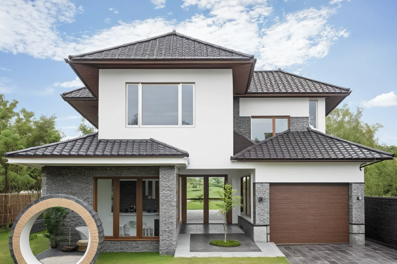 Raw photo,Masterpiece, high quality, best quality, authentic, super detail, exterior, outdoors, house style modern on the street,pavement, grass, trees, sky, cloud, (day:1.1), ((MIX WHITE AND Chocolate style color : 1.3)); (((CHOCOLATE COLOR STYLE ROOF TILES : 1.7))) ,((( japanese roof style : 1.3)))