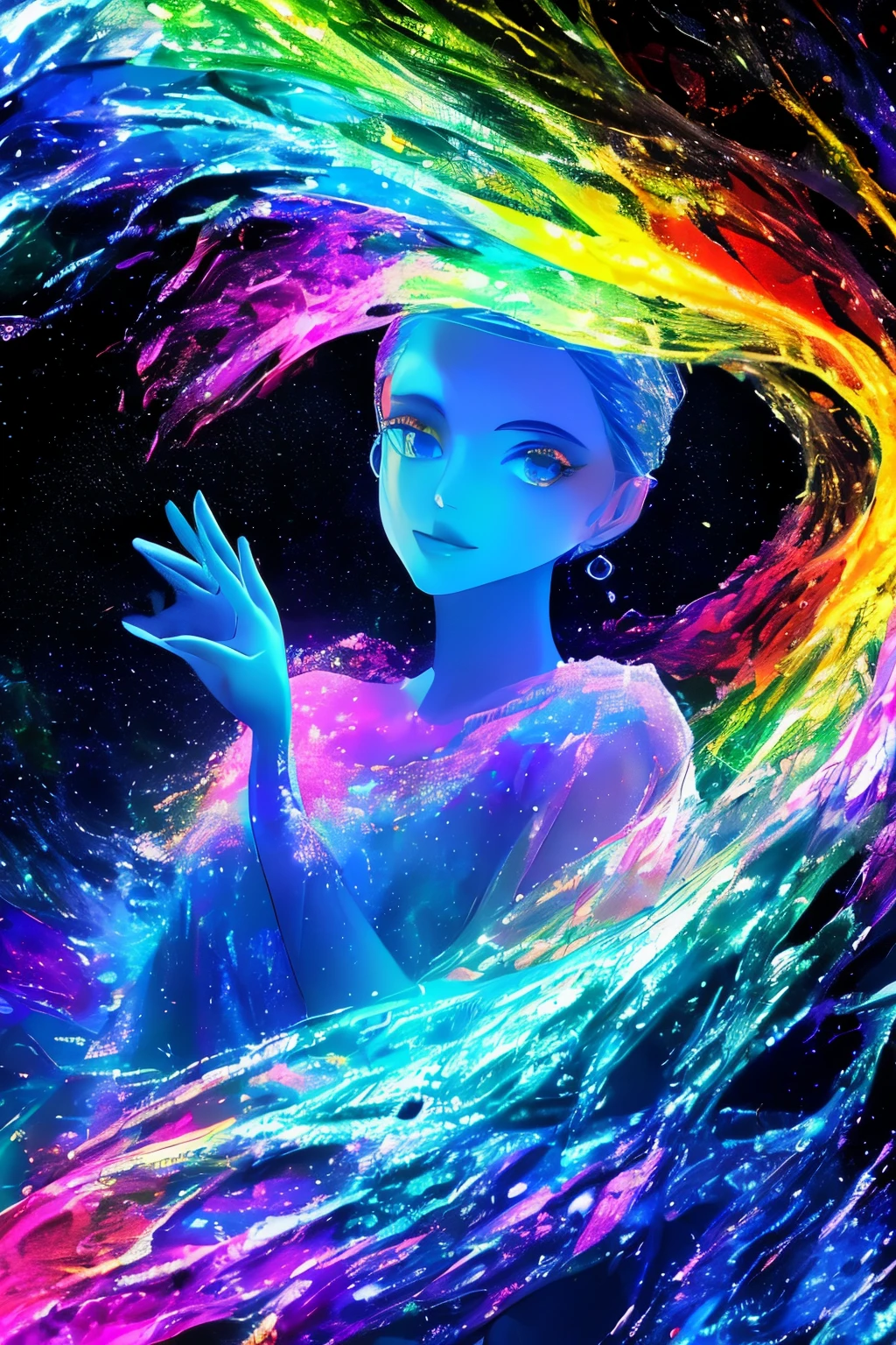A color painting of a beautiful young woman., mysterious waves at night. 3d. rainbow colors. The melting beauty of the universe. Surrealism in reflections of nebula fragments. glass texture,Translucent,crystal,blister