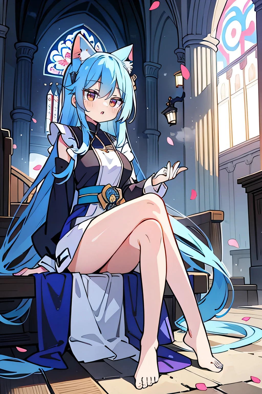 (masterpiece:1.2),Extremely detailed,Practical,expressive eyes,Fair skin,Perfect face shaping,1 Girl,
Japanese cartoons,Gorgeous blue hair, the long flowing blue hair,Floating clothes,Cat ears,Petals fall,beautiful lola,Young Angel,
Place your hands on your waist,sit elegantly on the ground,Cross your legs,Gentle and peaceful background,church,Nun's Clothes,back view,lie on the water.