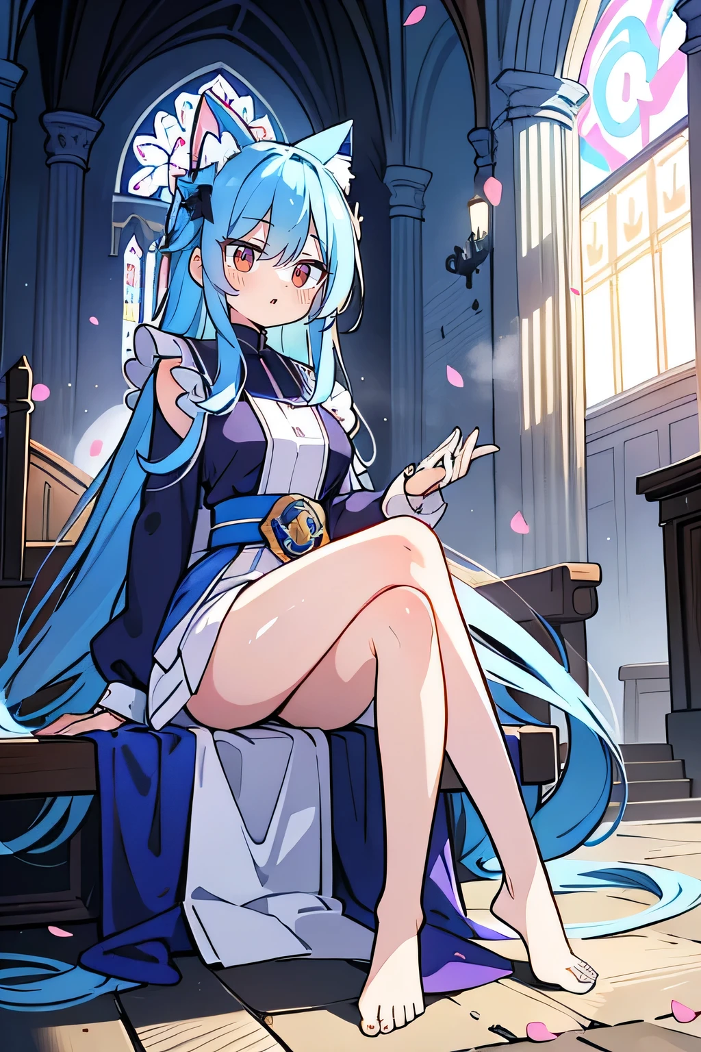 (masterpiece:1.2),Extremely detailed,Practical,expressive eyes,Fair skin,Perfect face shaping,1 Girl,
Japanese cartoons,Gorgeous blue hair, the long flowing blue hair,Floating clothes,Cat ears,Petals fall,beautiful lola,Young Angel,
Place your hands on your waist,sit elegantly on the ground,Cross your legs,Gentle and peaceful background,church,Nun's Clothes,back view,lie on the water.