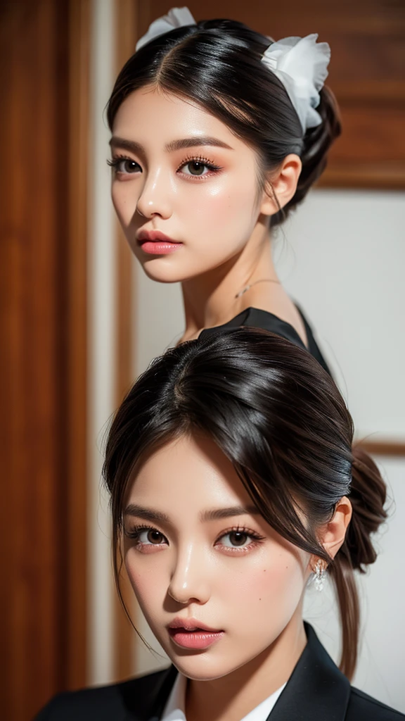 adulto, Cabello negro ondulado, mirada penetrante con ojos profundos de color rojo, estatura promedio, Silky hair with a ponytail hairstyle collected with a red bow with two white lines, tiene pechos medianos, primer plano, session, standing in the middle of his room [[[Risa malvada]]] , Sonrojada, muslos grandes, black pants, bulsa formal blanca, corbata negra 