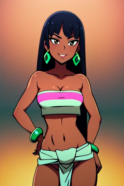 1girl,solo,loincloth,bandeau,chel \(the road to el dorado\),dark-skinned female, black hair, long hair,  (Wearing: tube top, loincloth, emerald bracelet's and golden earrings:1.2), collarbone, bare shoulders, medium breasts, cleavage, midriff, wide hips, upper body, hands on hips, looking at viewer, she's looking at the camera with a flirtatious smile
