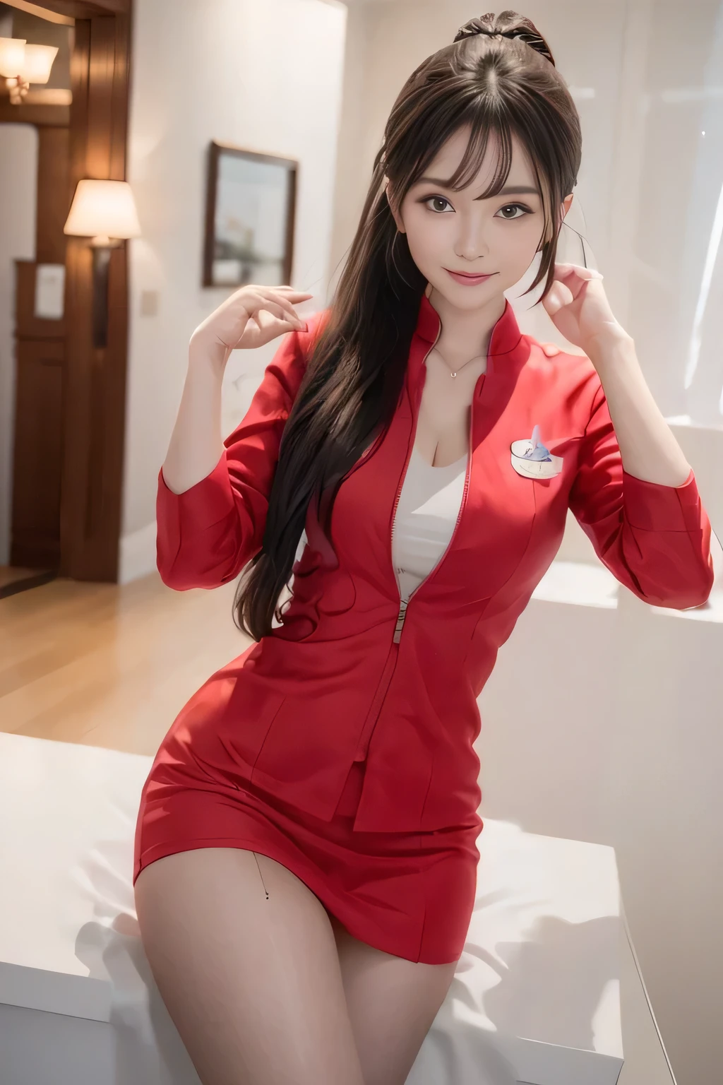 AirAsia red jacket uniform、Big Breasts、(AirAsia uniform white shirt unbuttoned）、（AirAsia uniform shirt showing big breasts）