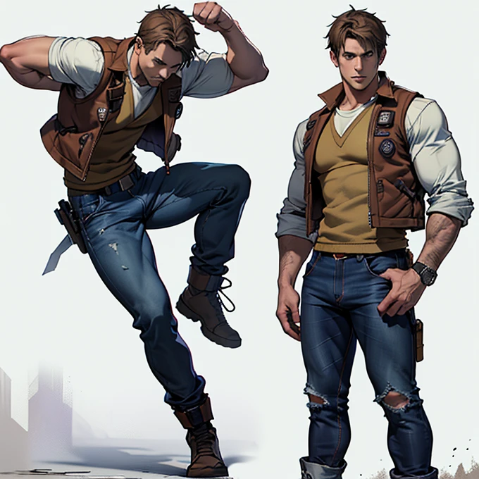 character ANIME man, FULL BODY, standing, STRONG, medium brown hair, ((design sketches)), (masterpiece), extremely detailed, (original design reserved), (random poses), LEADER, (unique accessories), (clothing, purple vest, jeans), professionally retouched, white background, (male: 1.1) martial arts, parkour (cauça Jeans r: 0.8), (dirty: 1.1), (movement: 0.8), (young: 1.3), (sprint: 0.6) (silent hill concept) (resident evil concept)  