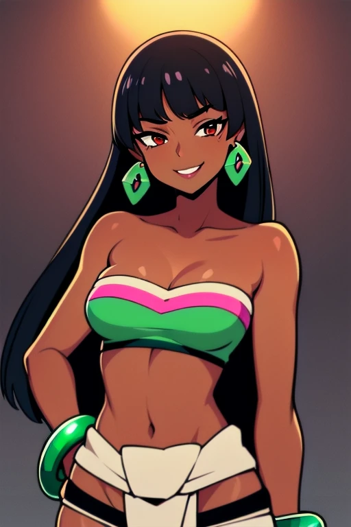 1girl,solo,loincloth,bandeau,chel \(the road to el dorado\),dark-skinned female, black hair, long hair, (Wearing: tube top, loincloth, emerald bracelet's and golden earrings:1.2), collarbone, bare shoulders, medium breasts, cleavage, midriff, wide hips, upper body, hands on hips, looking at viewer, she's looking at the camera with a flirtatious smile
