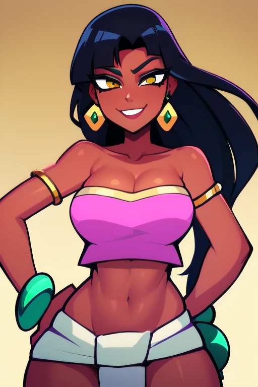 1girl,solo,loincloth,bandeau,chel \(the road to el dorado\),dark-skinned female, black hair, long hair, (Wearing: tube top, loincloth, emerald bracelet's and golden earrings:1.2), collarbone, bare shoulders, medium breasts, cleavage, midriff, wide hips, upper body, hands on hips, looking at viewer, she's looking at the camera with a flirtatious smile
