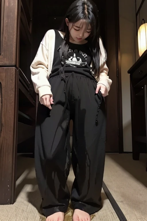 Japanese Girl sees the ghost and pees her black palazzo pants until her pants are wet in fright.