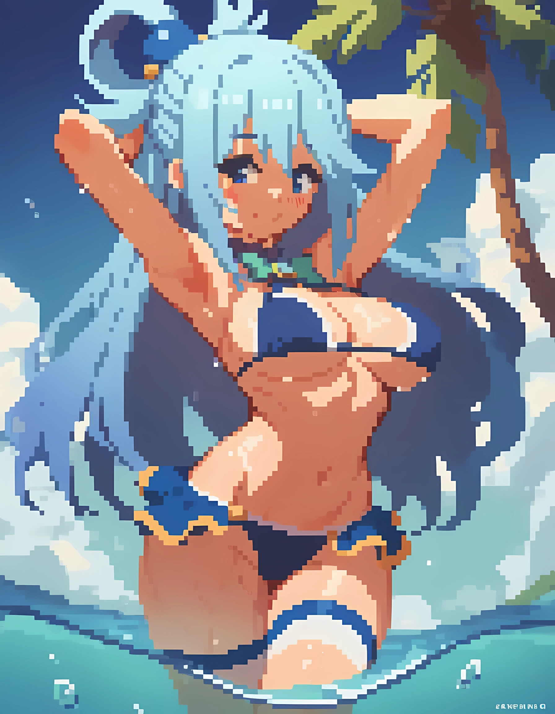 1girl, solo, (wet skin), aqua \(konosuba\), blush, (large breasts), wide hip, thighs, bikini, looking at viewer and standing in water, lifting hair and strike a sexy pose, sea horizon, blue sky, bright sunshine, cowboy shot, dutch angle, score_9, score_8_up, score_7_up, score_6_up, score_5_up,