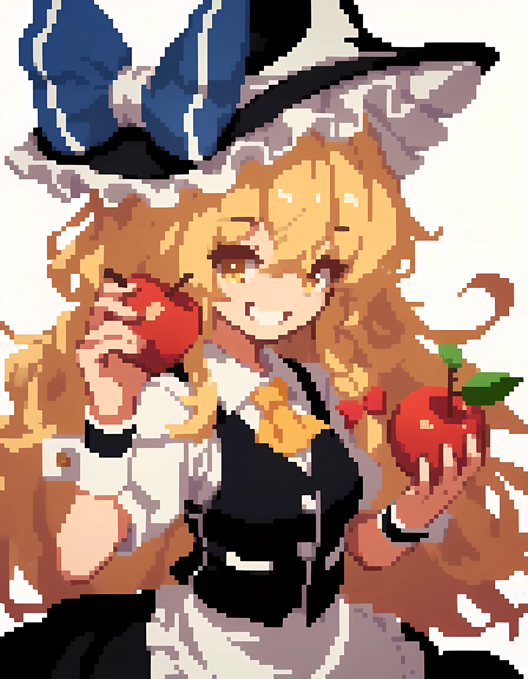 touhou, 1girl, kirisame marisa, apple, black headwear, black vest, blonde hair, food, frilled headwear, fruit, grin, hair between eyes, hand up, holding, holding food, holding fruit, long hair, looking at viewer, shirt, simple background, smile, solo, twitter username, upper body, vest, white background, white shirt, wrist cuffs, yellow eyes,
score_9, score_8_up, score_7_up, score_6_up, score_5_up,