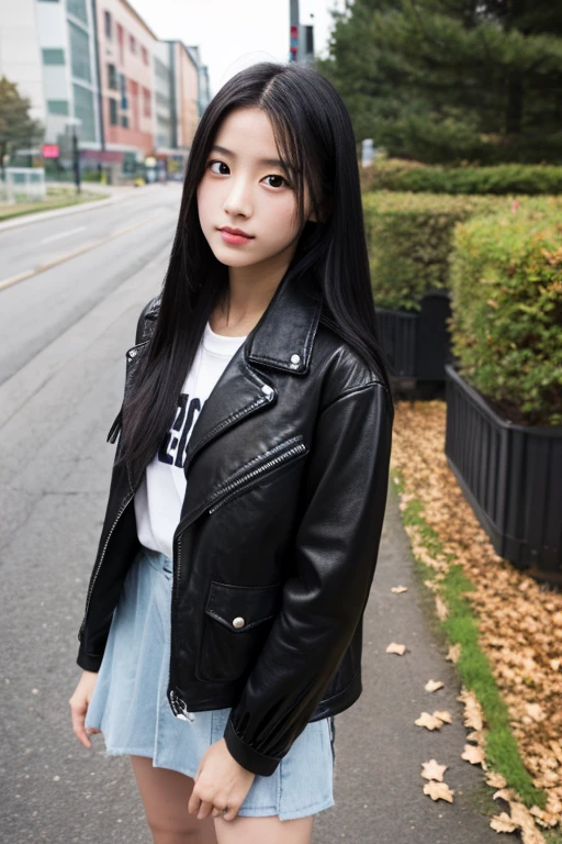 Girl with black long hair,with black jacket leather 