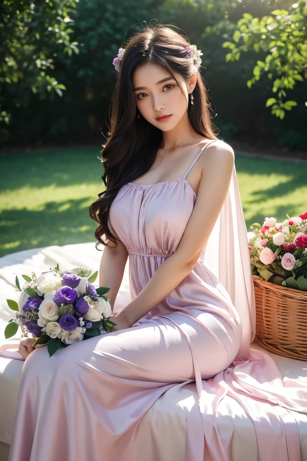 Woman sitting on blanket holding bouquet of flowers and basket of fruit, light half open dress, Soft silk dress, romantic dress, Feminine feminine dresses, Soft and elegant gowns, flowing dress, 아름답고 Soft silk dress, Pink or violet long dress,