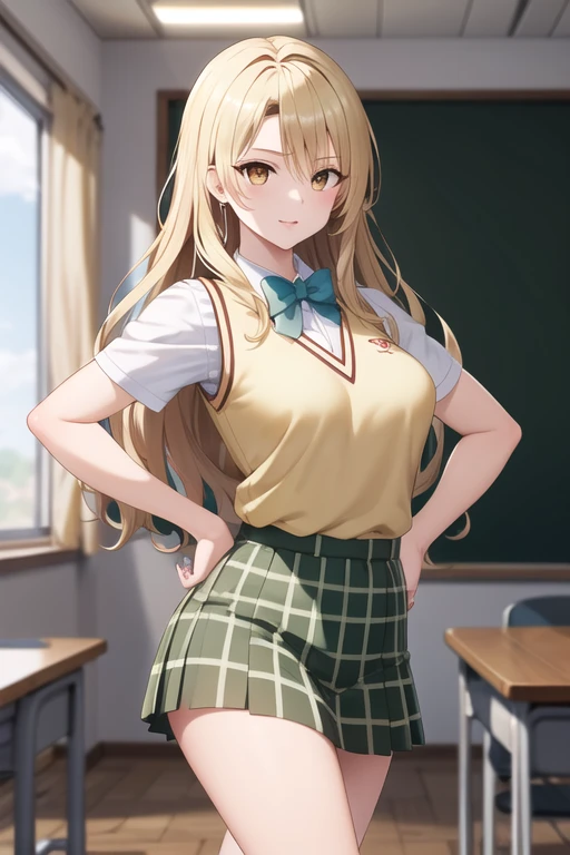 ((masterpiece, best quality, high resolution, UHD, pixel perfect, depth of field, 32k)), BREAK, 1 girl, alone, long hair, blonde hair, double good, pierce hair, brown eyes, , green bow tie, White shirt, big chest, marked nipples on the shirt, sweater vest, yellow vest, short sleeves, miniskirt, plaid skirt, green skirt, BREAK, hands on the waist, classroom, inside, in a sexy pose.