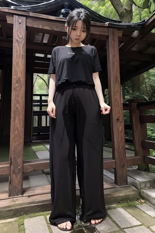 Japanese Girl sees the ghost and pees her black palazzo pants until her pants are wet in fright.